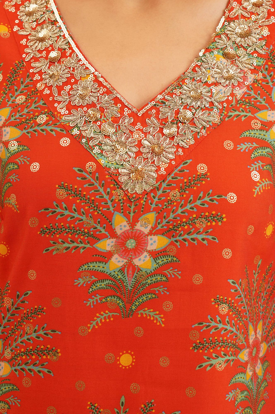 Orange Floral Printed Sequinned Silk Straight Kurta