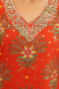 Orange Floral Printed Sequinned Silk Straight Kurta