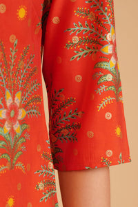 Orange Floral Printed Sequinned Silk Straight Kurta