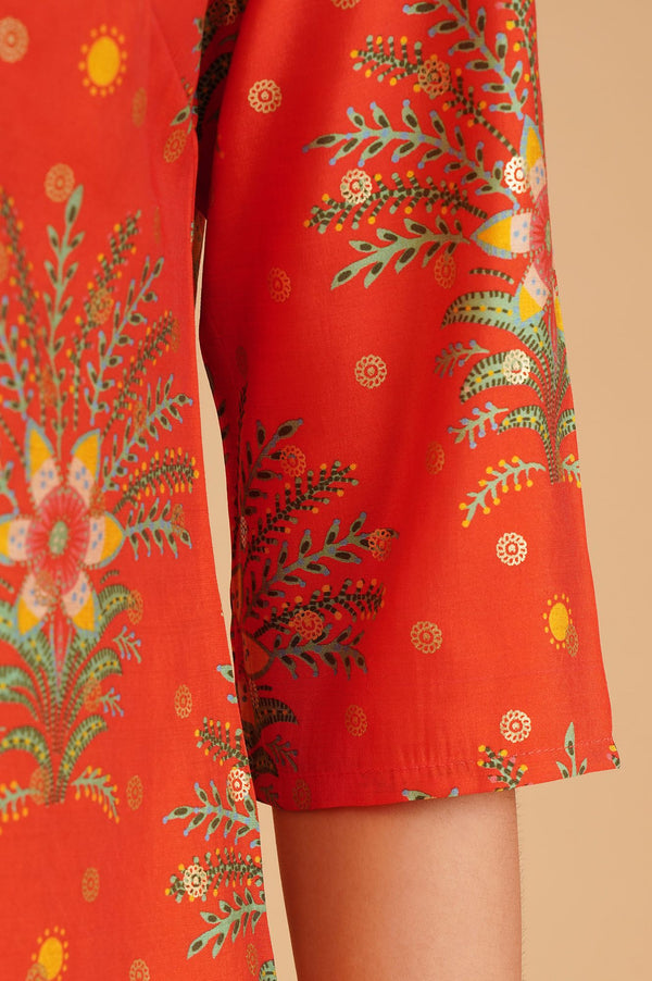 Orange Floral Printed Sequinned Silk Straight Kurta