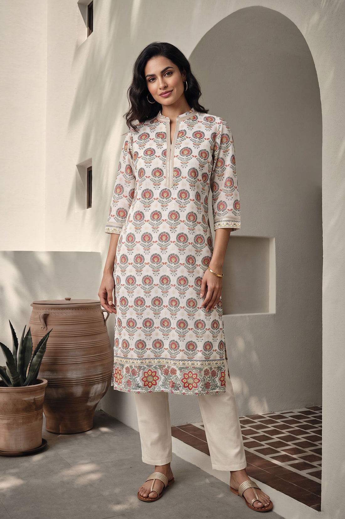 Off White Floral Printed Sequins Kota Straight Kurta