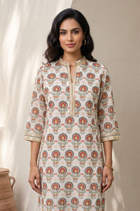 Off White Floral Printed Sequins Kota Straight Kurta