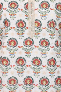 Off White Floral Printed Sequins Kota Straight Kurta