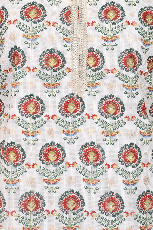 Off White Floral Printed Sequins Kota Straight Kurta