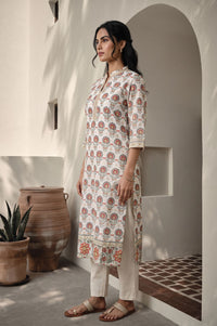 Off White Floral Printed Sequins Kota Straight Kurta