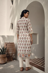 Off White Floral Printed Sequins Kota Straight Kurta