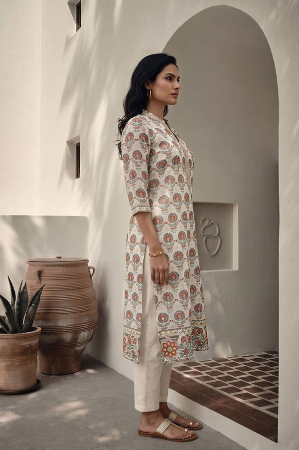 Off White Floral Printed Sequins Kota Straight Kurta