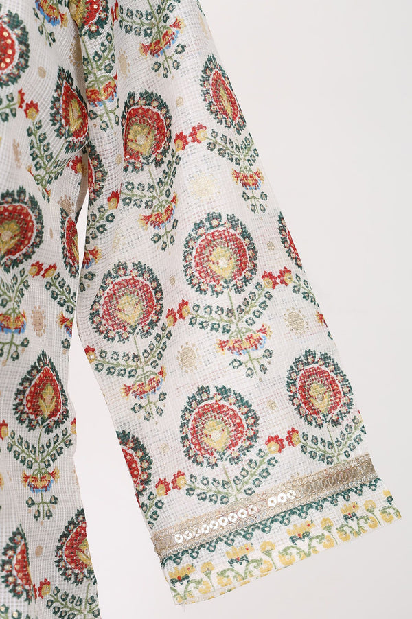Off White Floral Printed Sequins Kota Straight Kurta