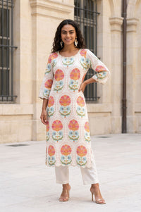 Off White Floral Printed Rayon Straight Kurta with Lace
