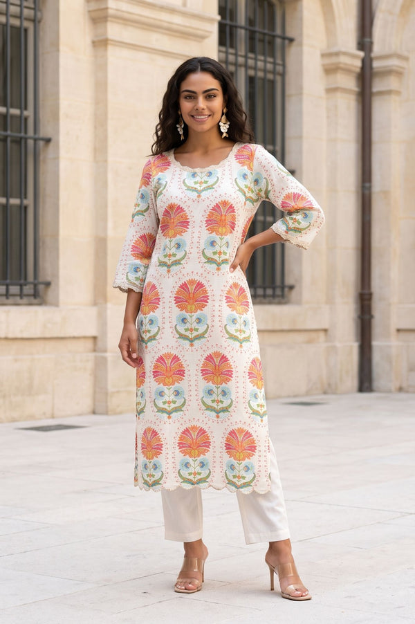 Off White Floral Printed Rayon Straight Kurta with Lace