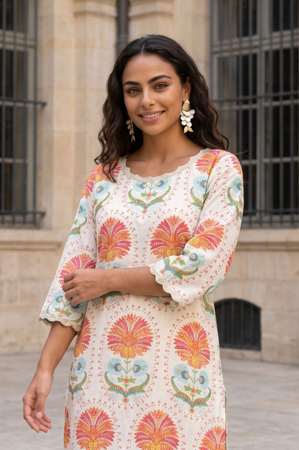 Off White Floral Printed Rayon Straight Kurta with Lace