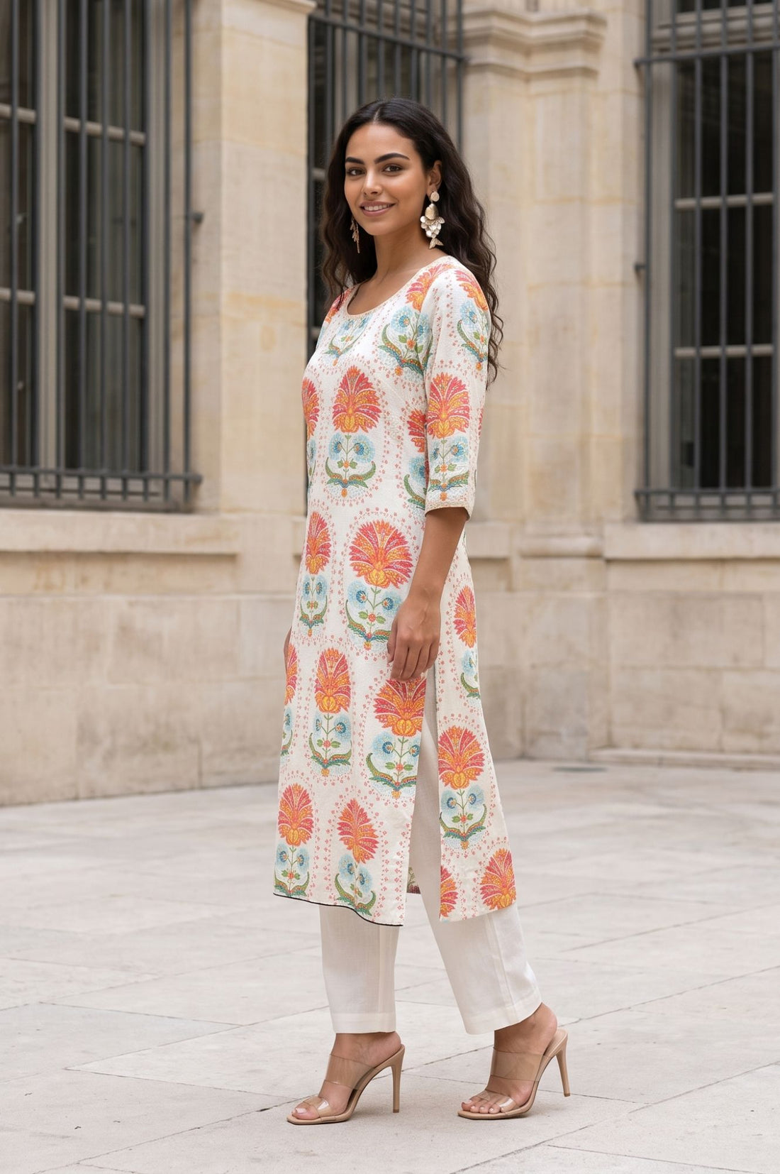 Off White Floral Printed Rayon Straight Kurta with Lace