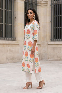 Off White Floral Printed Rayon Straight Kurta with Lace