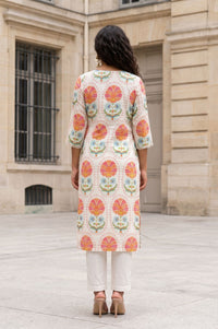 Off White Floral Printed Rayon Straight Kurta with Lace