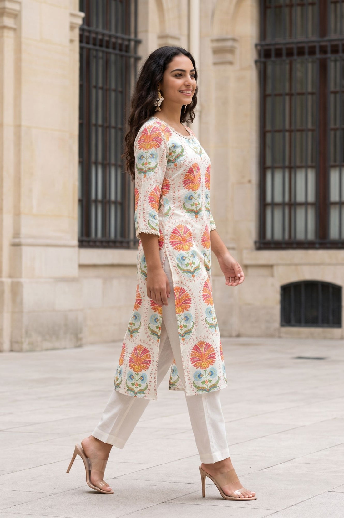 Off White Floral Printed Rayon Straight Kurta with Lace