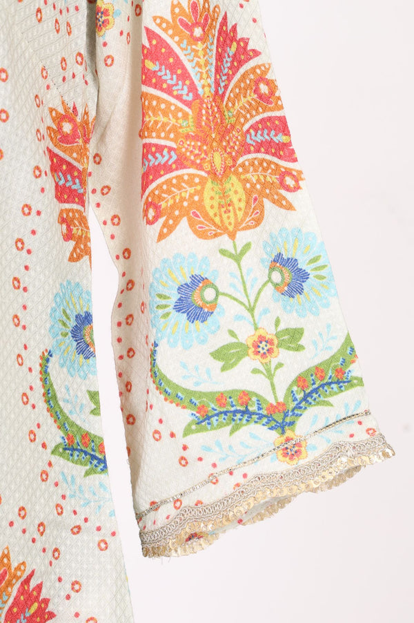 Off White Floral Printed Rayon Straight Kurta with Lace