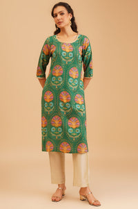 Green Floral Printed Straight Kurta