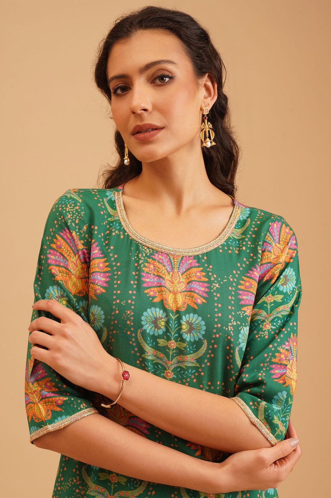 Green Floral Printed Straight Kurta