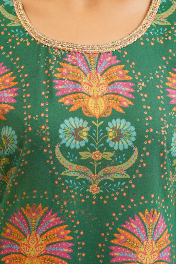 Green Floral Printed Straight Kurta