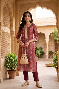 Maroon Floral Printed Sequins Silk Straight Kurta