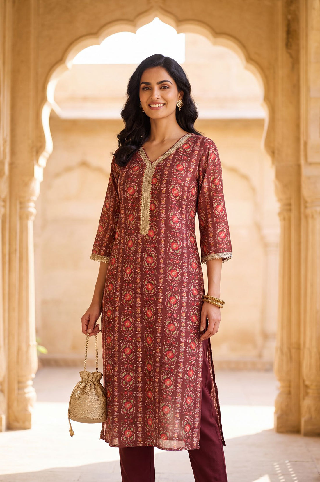 Maroon Floral Printed Sequins Silk Straight Kurta