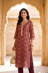 Maroon Floral Printed Sequins Silk Straight Kurta