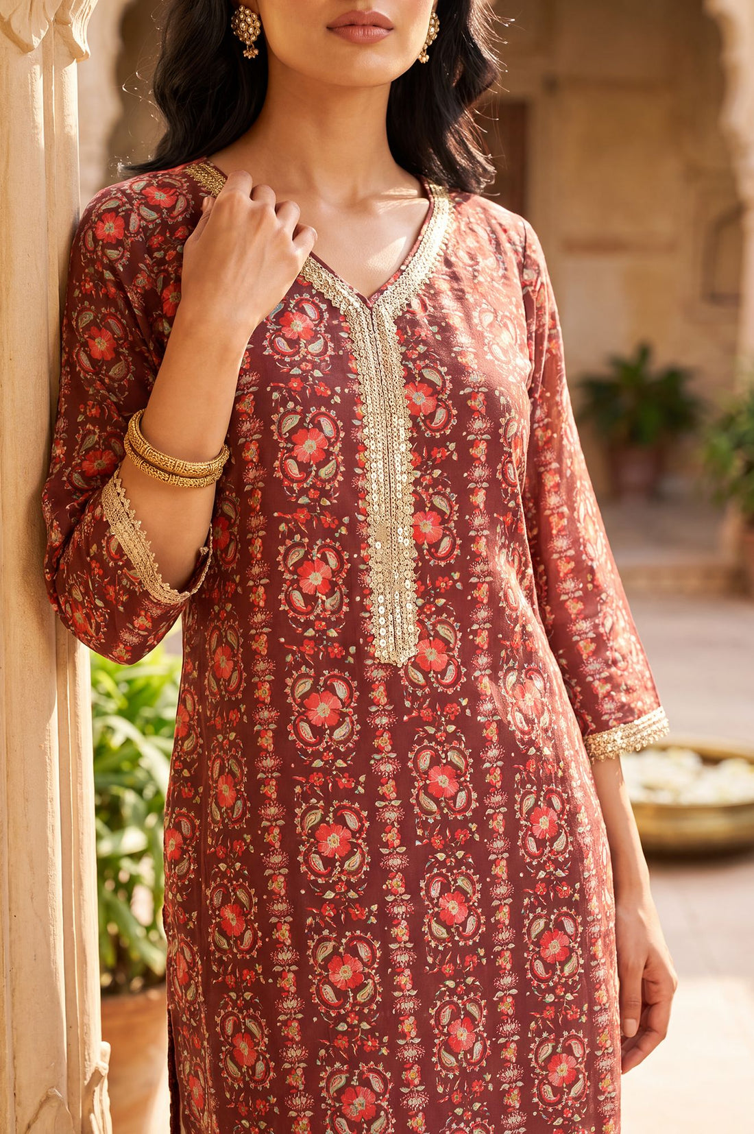 Maroon Floral Printed Sequins Silk Straight Kurta