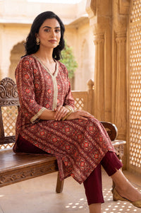 Maroon Floral Printed Sequins Silk Straight Kurta