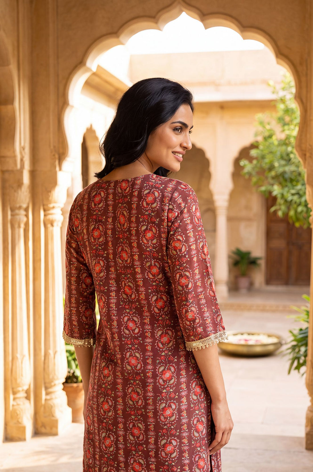 Maroon Floral Printed Sequins Silk Straight Kurta