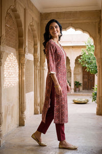Maroon Floral Printed Sequins Silk Straight Kurta