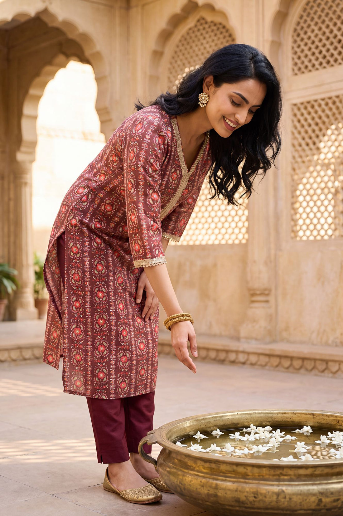 Maroon Floral Printed Sequins Silk Straight Kurta