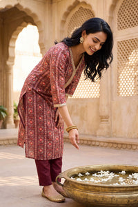Maroon Floral Printed Sequins Silk Straight Kurta