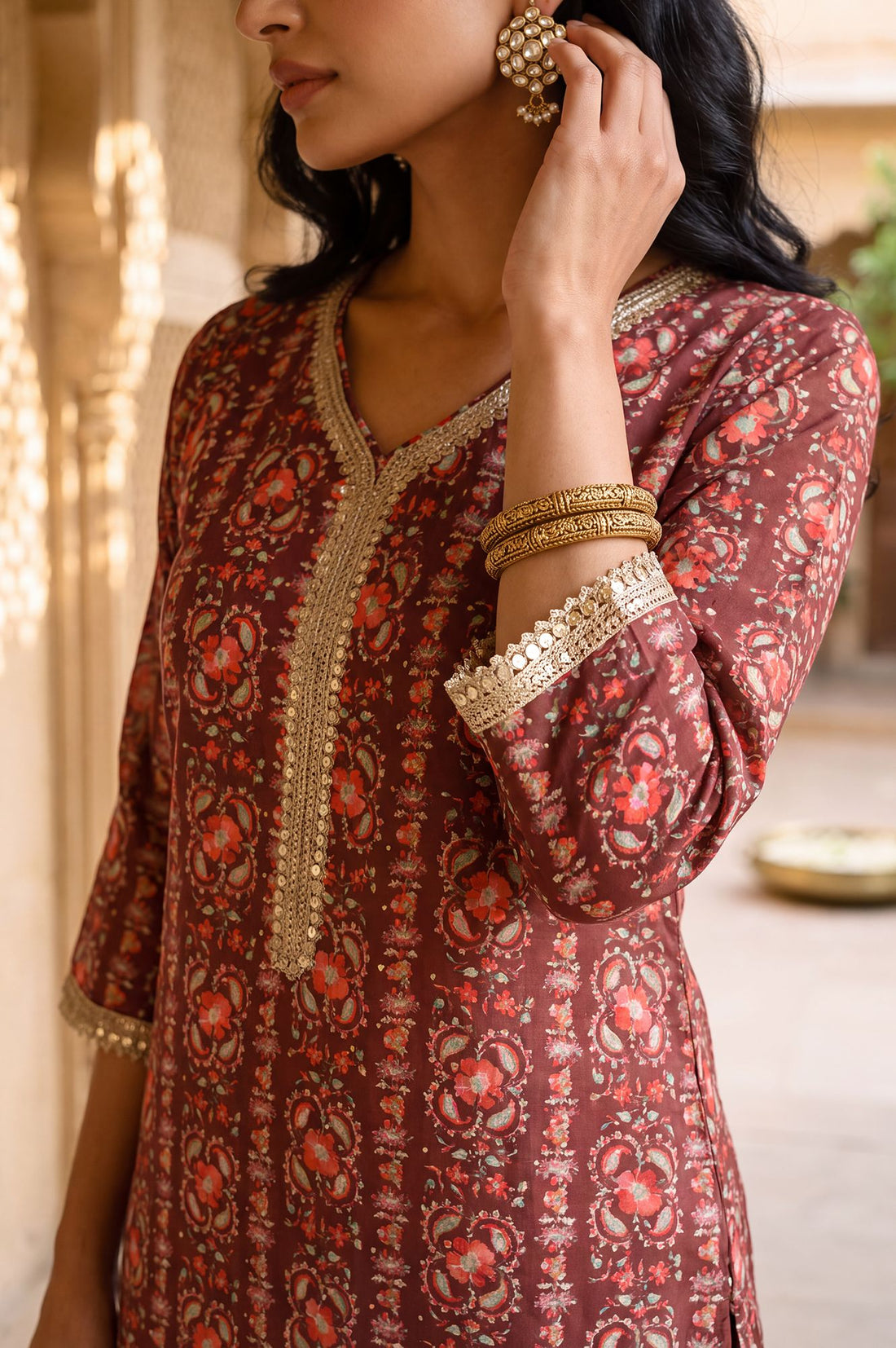 Maroon Floral Printed Sequins Silk Straight Kurta