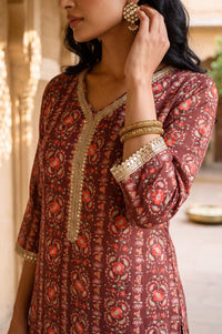 Maroon Floral Printed Sequins Silk Straight Kurta