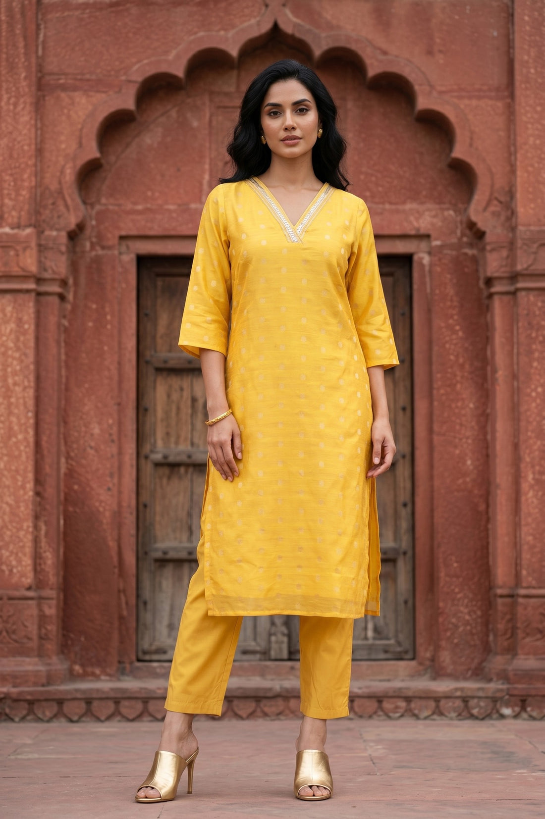 Mustard Zari Embroidered Yarn Dyed Straight Kurta