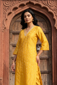 Mustard Zari Embroidered Yarn Dyed Straight Kurta