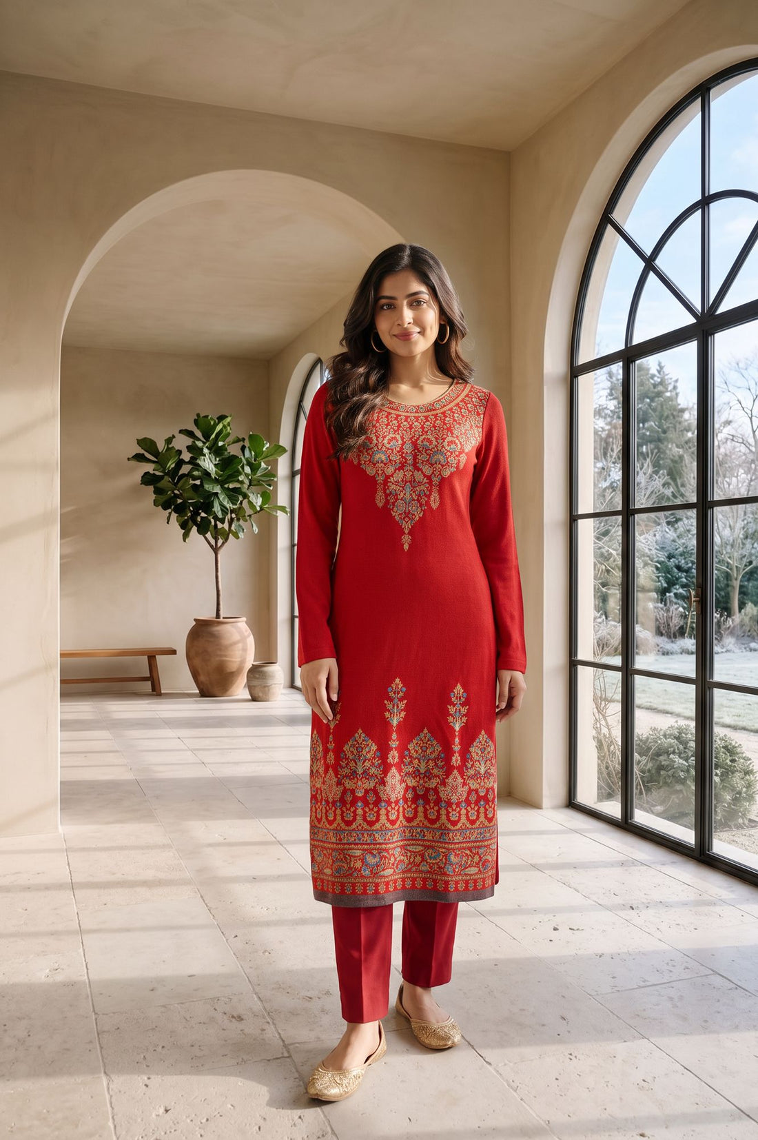 Red Ethnic Motifs Acrylic Straight Winter Kurta