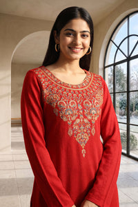 Red Ethnic Motifs Acrylic Straight Winter Kurta