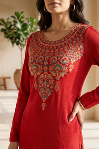 Red Ethnic Motifs Acrylic Straight Winter Kurta