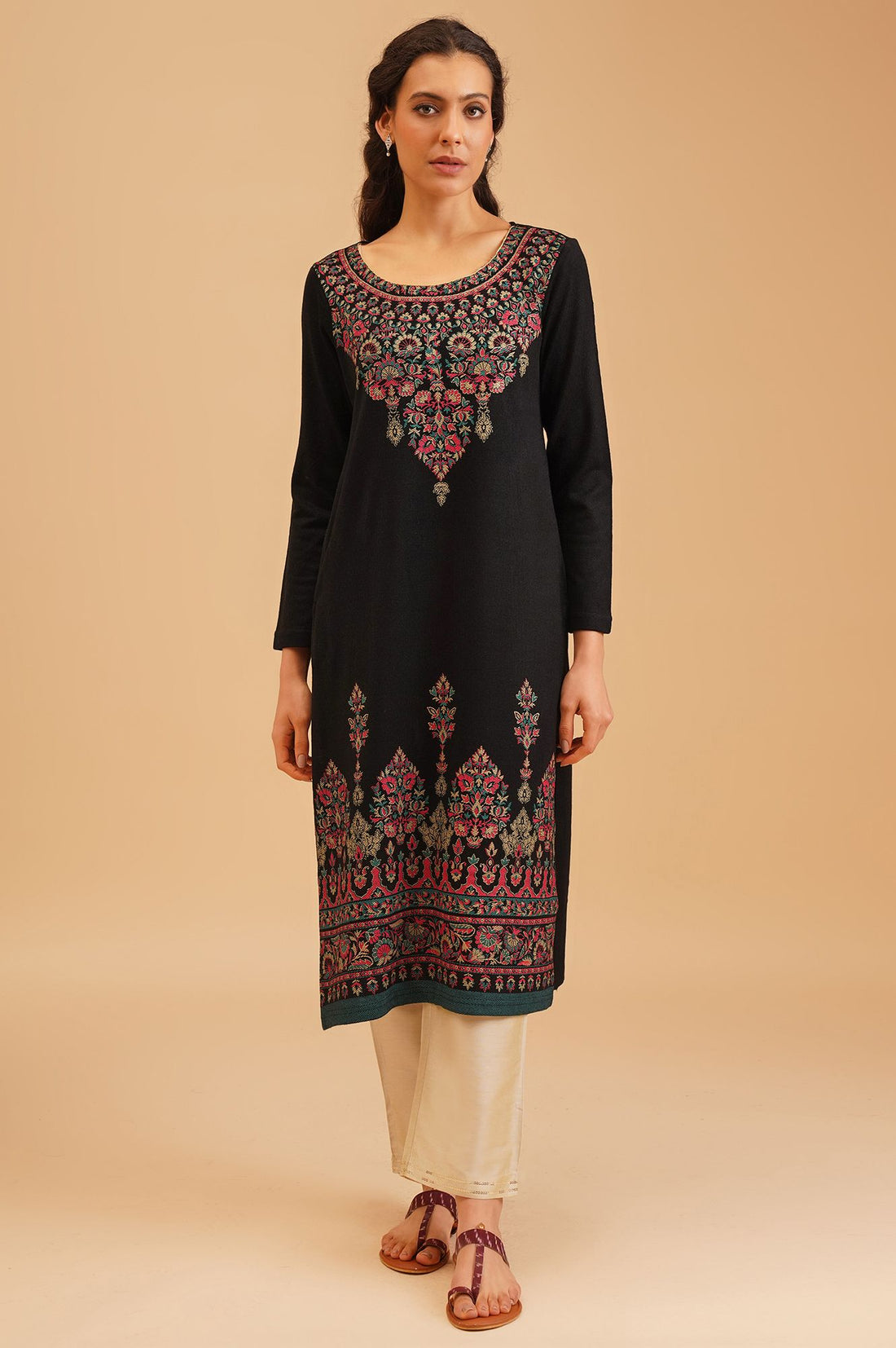 Black Ethnic Motifs Acrylic Straight Winter Kurta