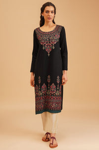 Black Ethnic Motifs Acrylic Straight Winter Kurta