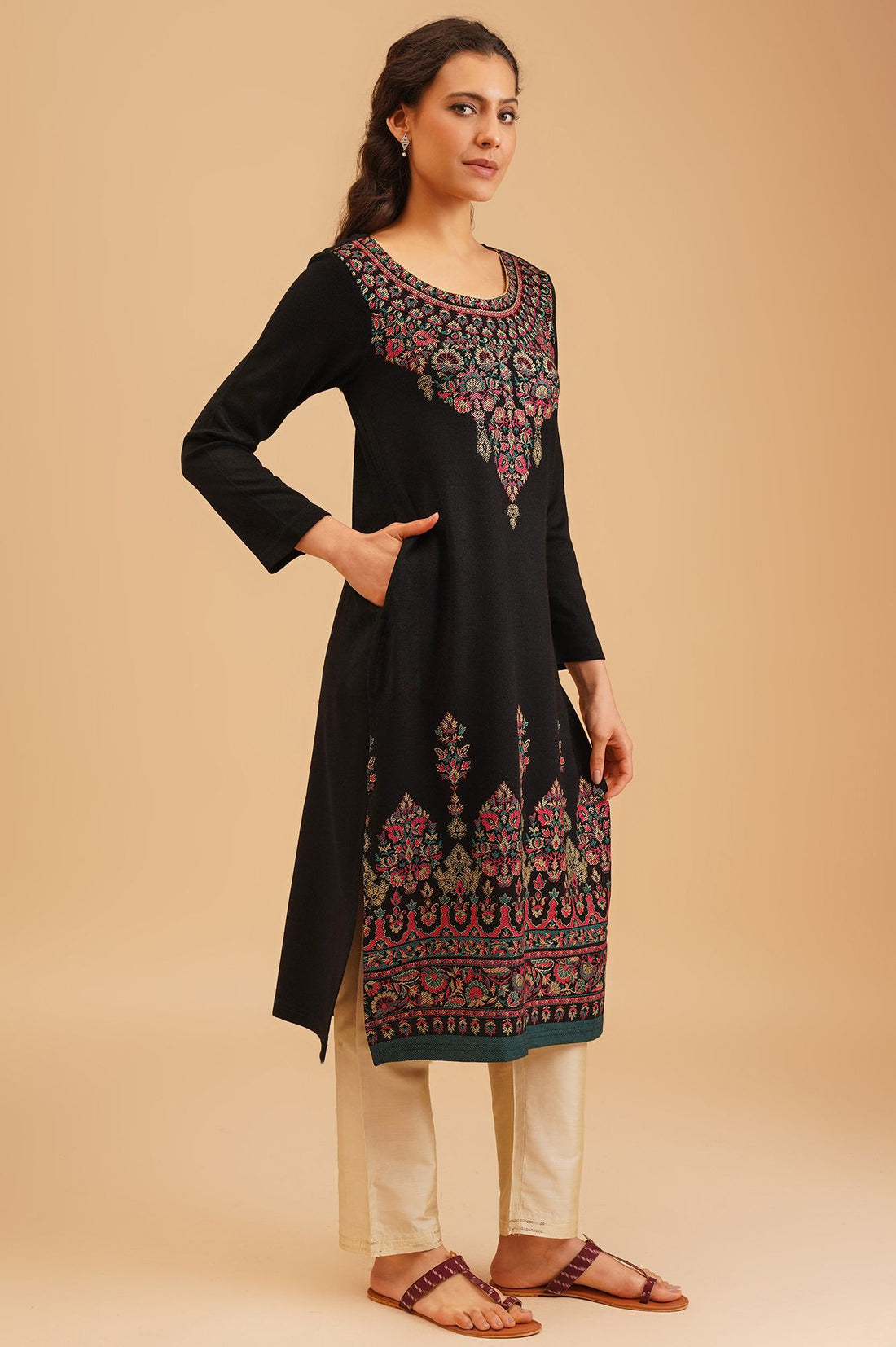 Black Ethnic Motifs Acrylic Straight Winter Kurta
