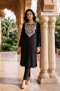 Black Straight Fit Round Neck Full Sleeve Embroidered Thread Work Charme Acrylic Calf Length Kurta