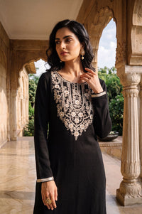 Black Straight Fit Round Neck Full Sleeve Embroidered Thread Work Charme Acrylic Calf Length Kurta