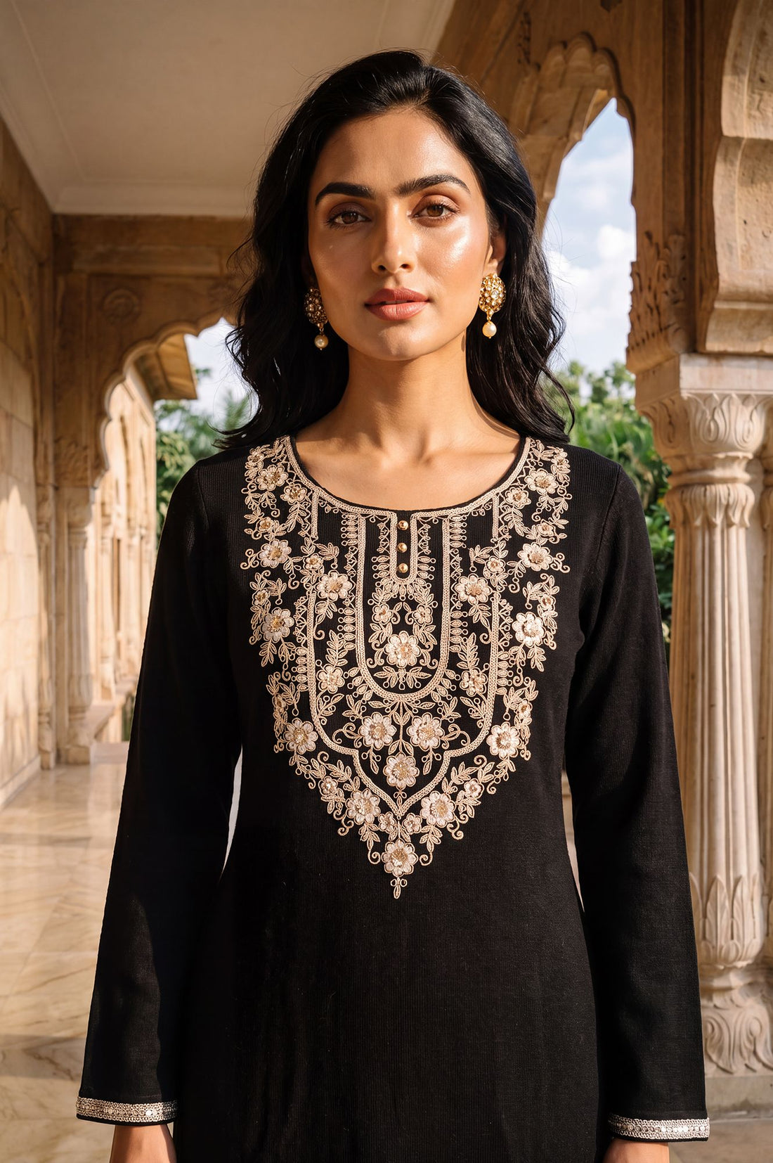 Black Straight Fit Round Neck Full Sleeve Embroidered Thread Work Charme Acrylic Calf Length Kurta