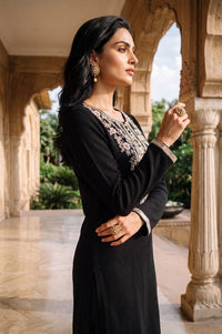 Black Straight Fit Round Neck Full Sleeve Embroidered Thread Work Charme Acrylic Calf Length Kurta