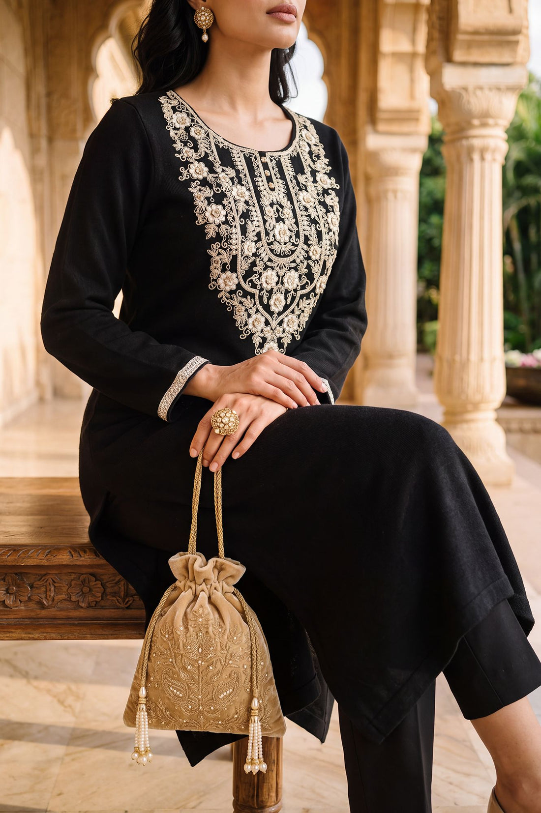 Black Straight Fit Round Neck Full Sleeve Embroidered Thread Work Charme Acrylic Calf Length Kurta