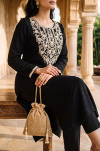 Black Straight Fit Round Neck Full Sleeve Embroidered Thread Work Charme Acrylic Calf Length Kurta