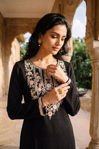 Black Straight Fit Round Neck Full Sleeve Embroidered Thread Work Charme Acrylic Calf Length Kurta
