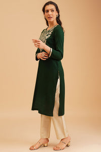 Green Embroidered Acrylic Straight Winter Kurta